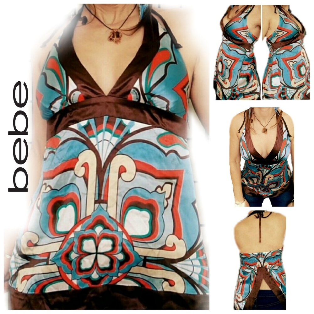 🔖bebe 100% Silk Satin Halter Top "Fiji Blue